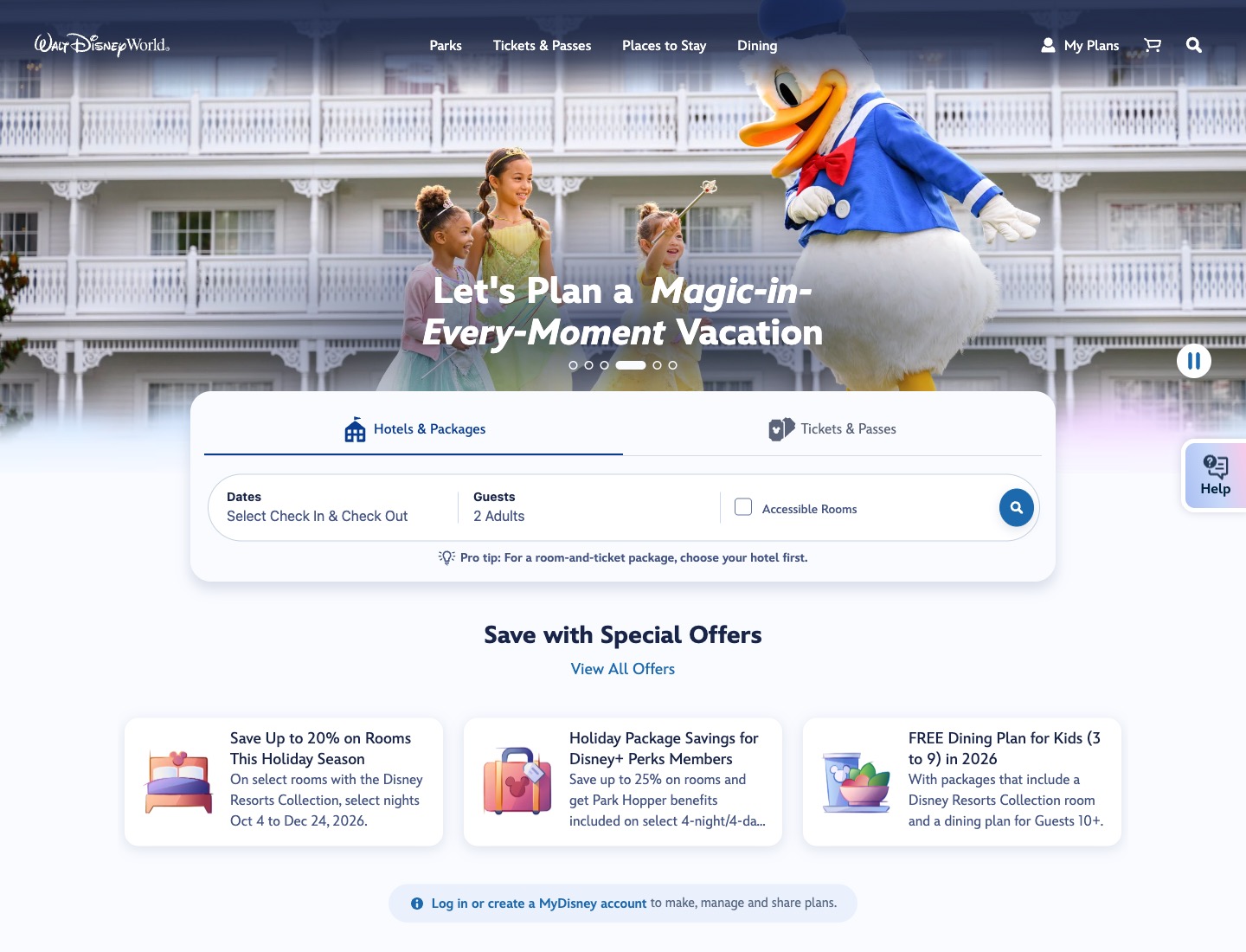 The current Walt Disney World homepage shows the new navigation and booking module