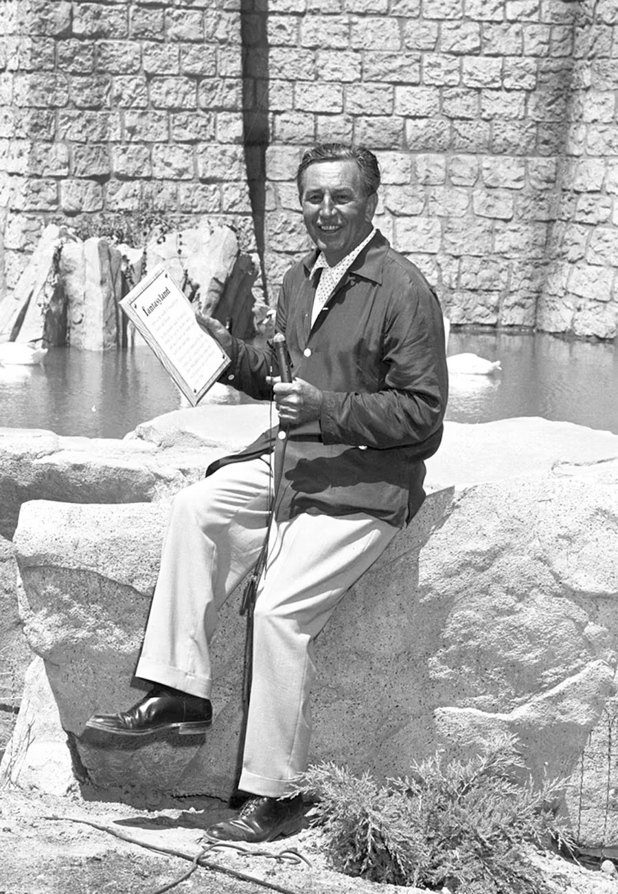 Walt Disney practices the Fantasyland dedication near Sleeping Beauty Castle