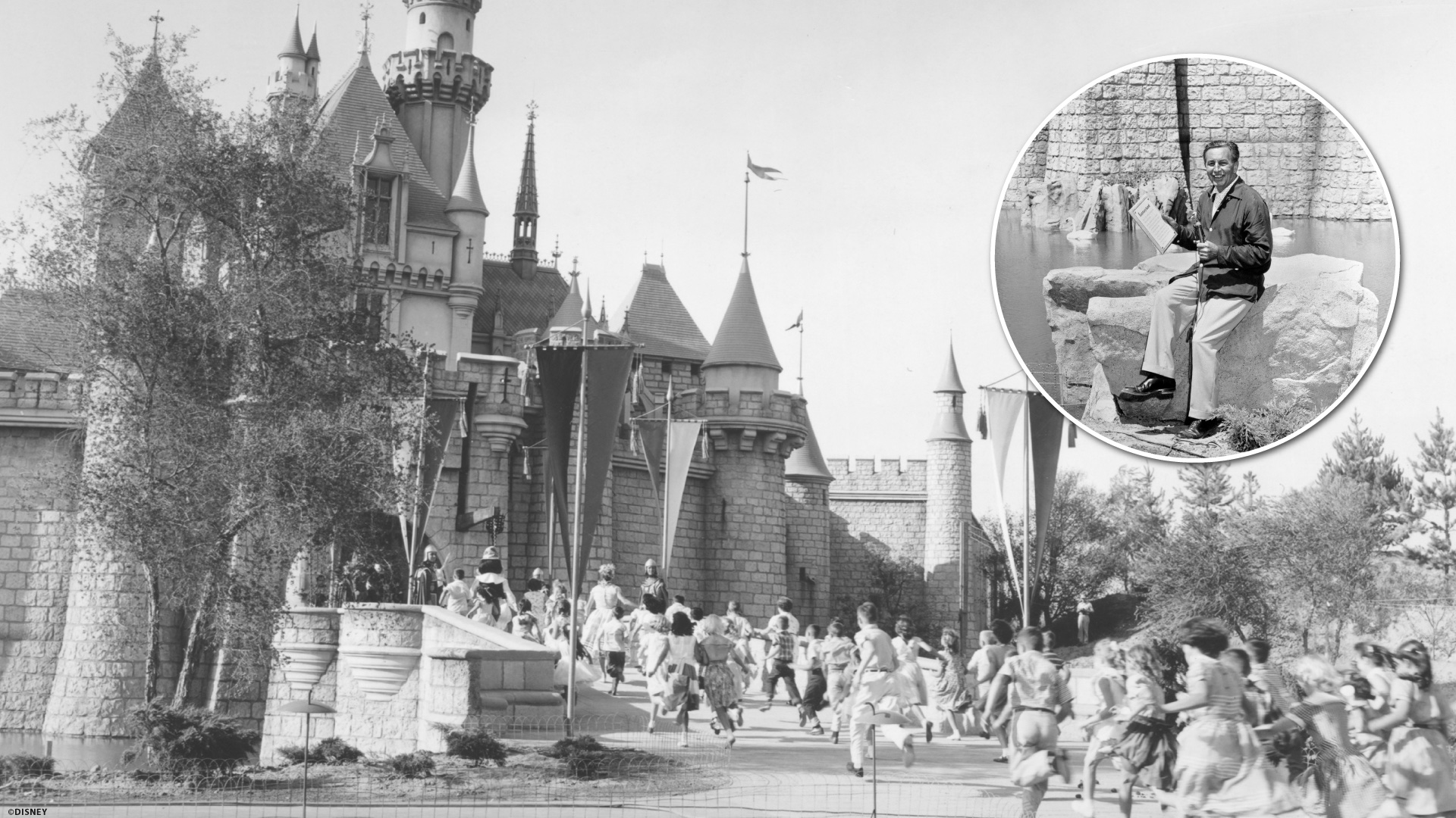 Children run through Sleeping Beauty Castle on Disneyland's 1955 opening day