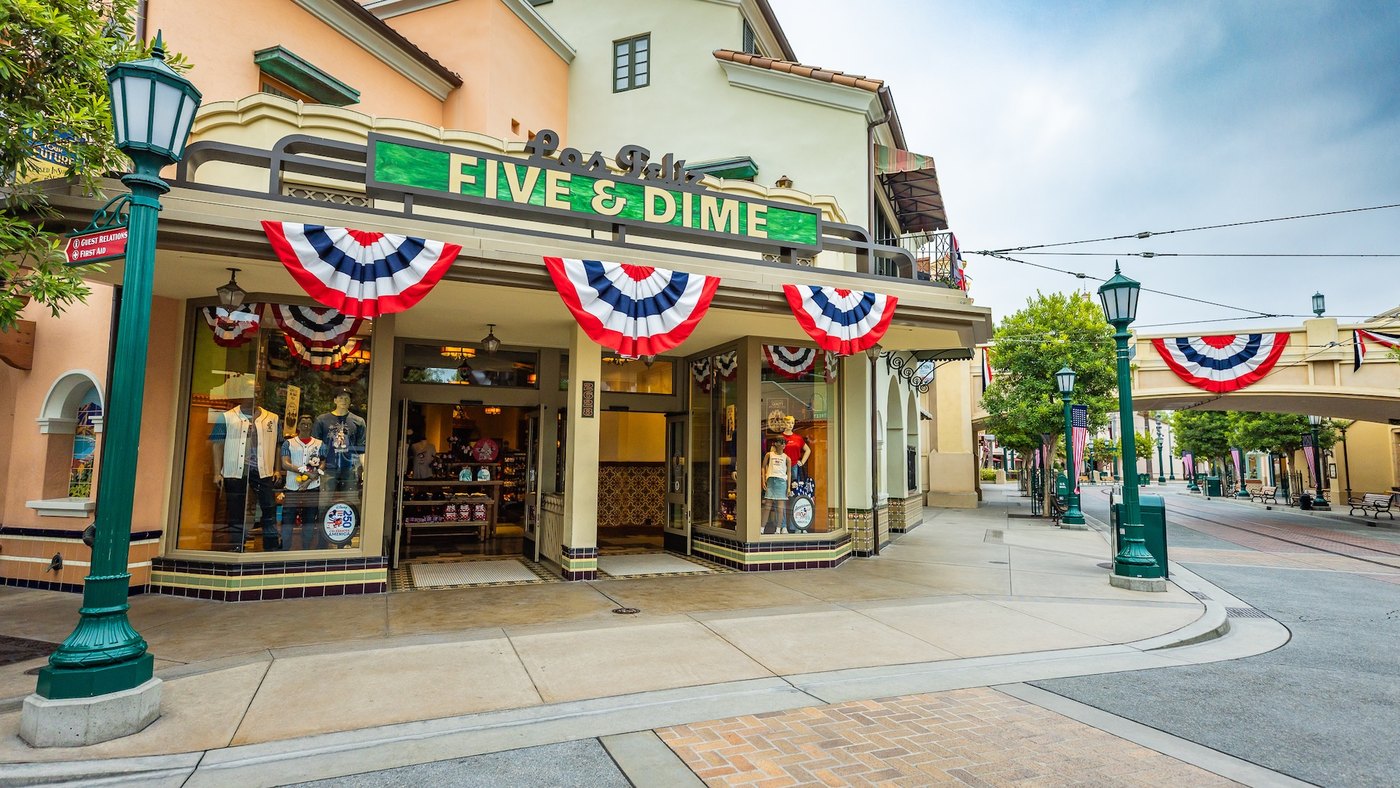Main Street USA decorated with patriotic bunting at Disneyland Resort