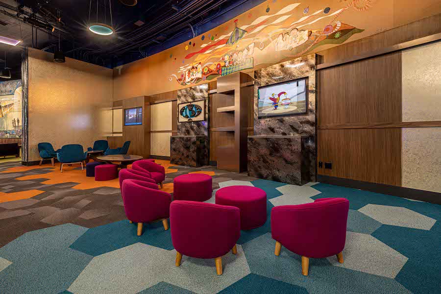 Colorful seating inside Disney Vacation Club Star View Station at Disneyland Park