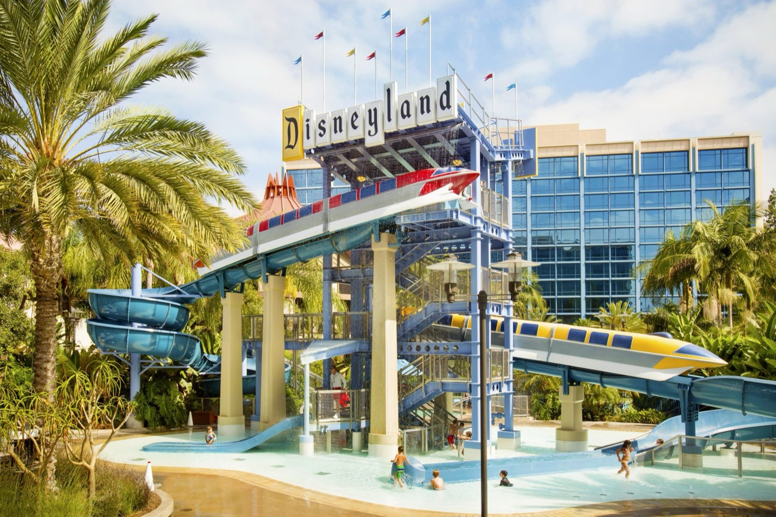 The monorail-themed pool slides at Disneyland Hotel.