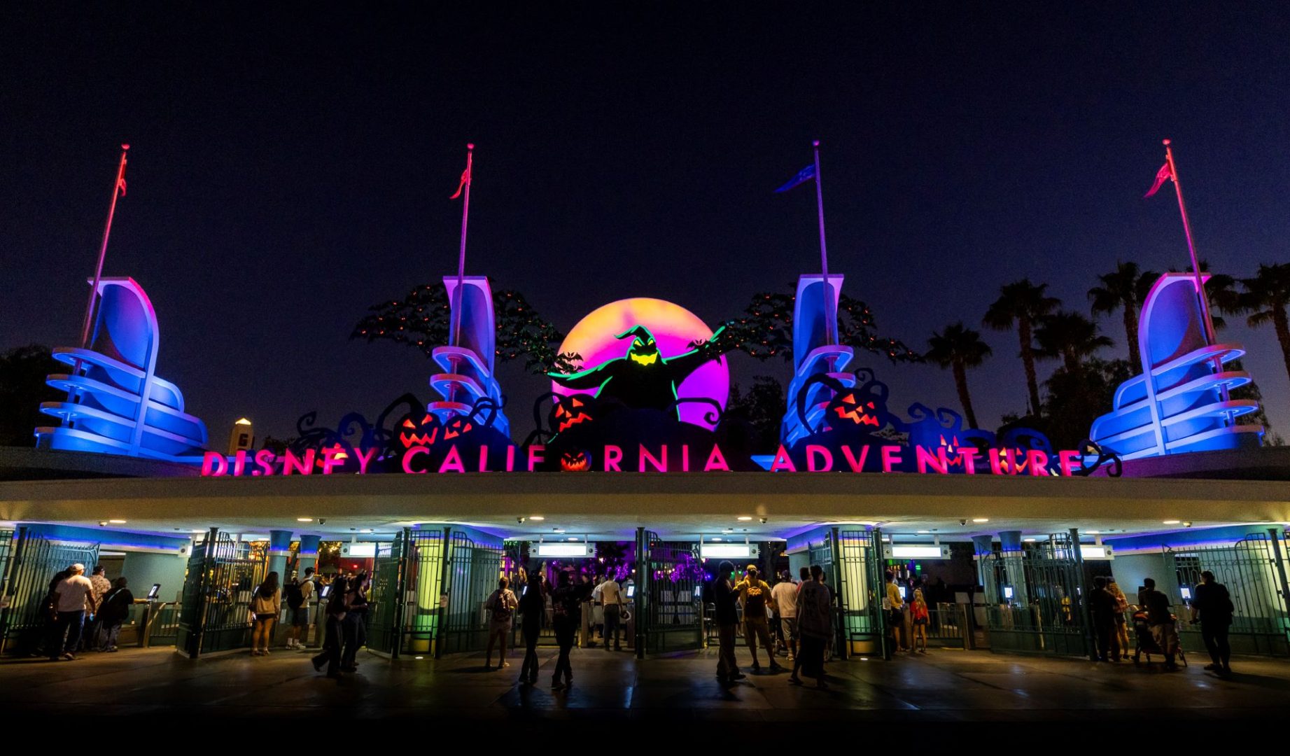 Oogie Boogie Halloween décor above the entrance to Disney California Adventure