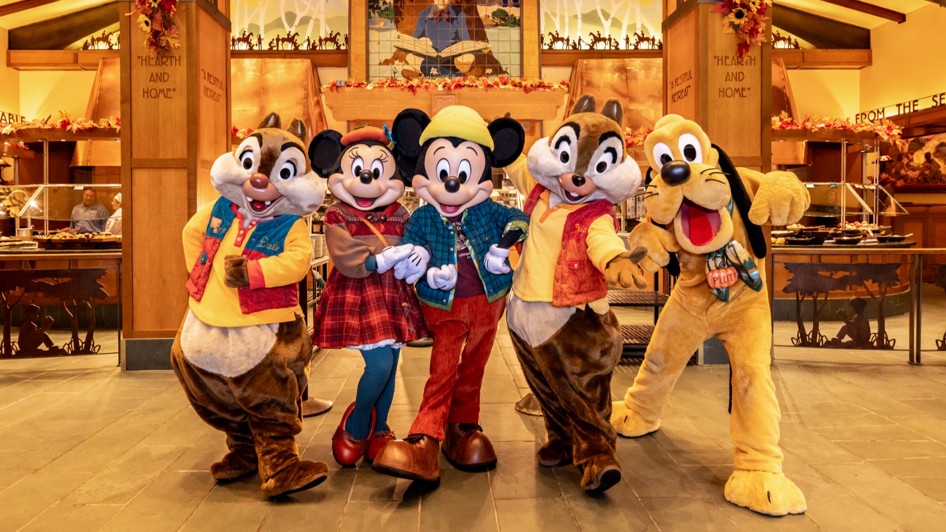 Mickey, Minnie, Chip, Dale and Pluto wear fall outfits at a Disneyland Resort hotel