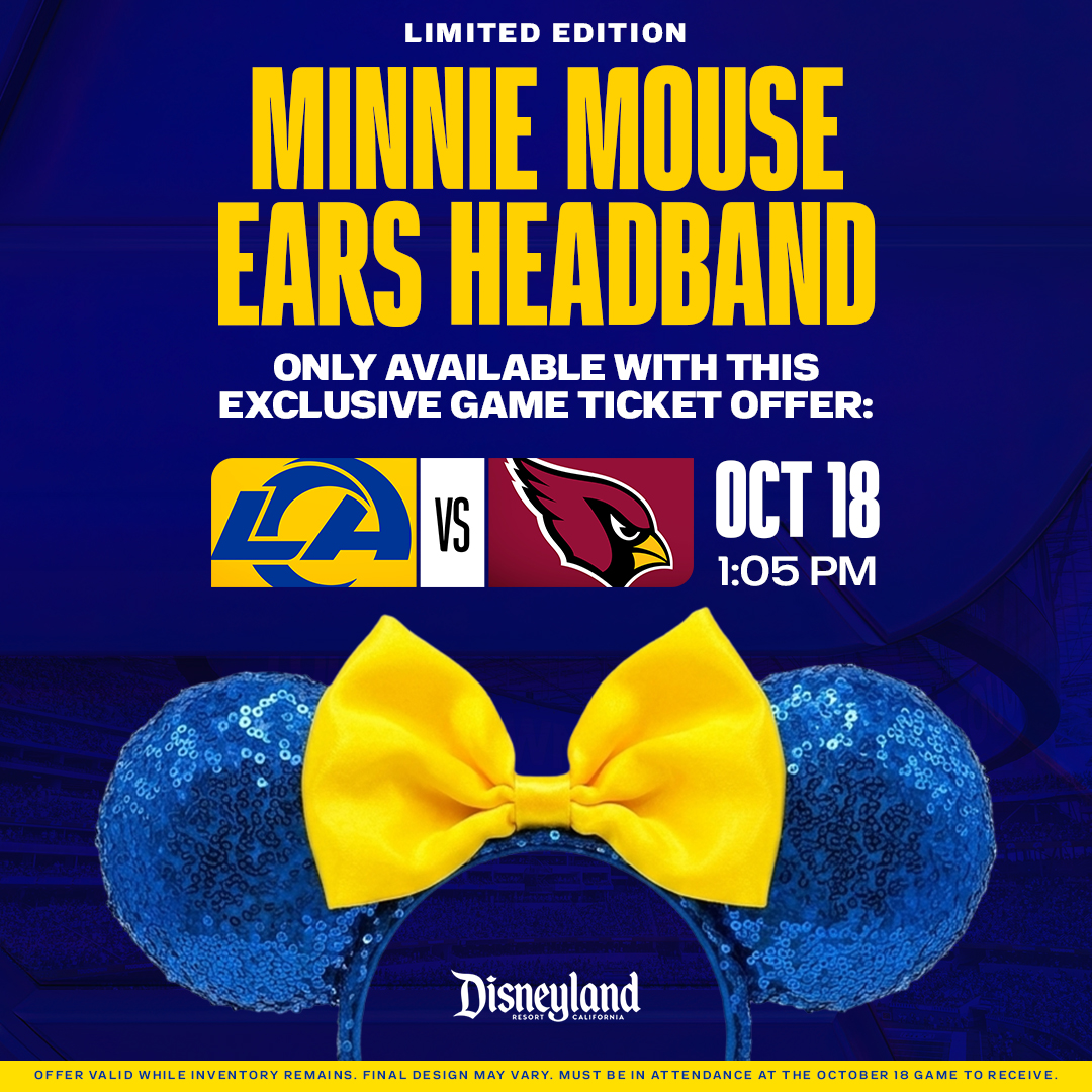 Blue sequined Minnie Mouse ears with a yellow bow for the Disneyland Resort and Los Angeles Rams ticket offer