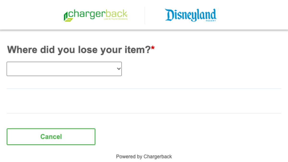 The Disneyland Resort and Chargerback lost-item report form.