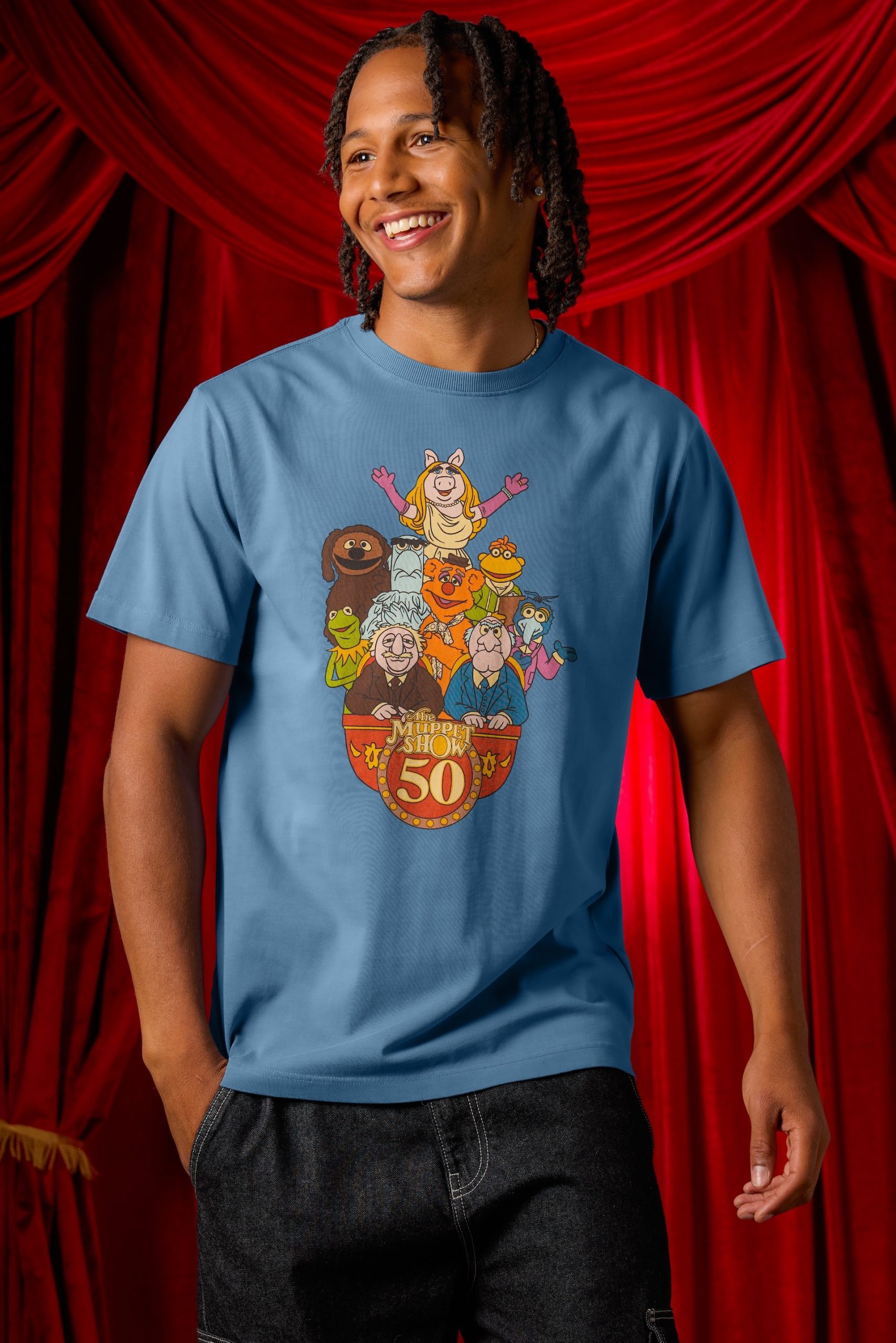 Blue The Muppet Show 50th Anniversary T-shirt with character artwork