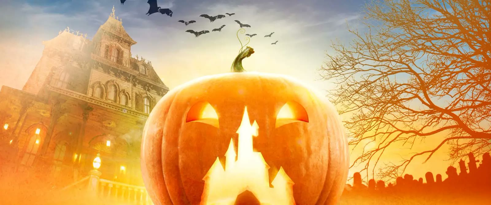 Disneyland Paris Halloween Festival artwork with pumpkins, Sleeping Beauty Castle and Phantom Manor