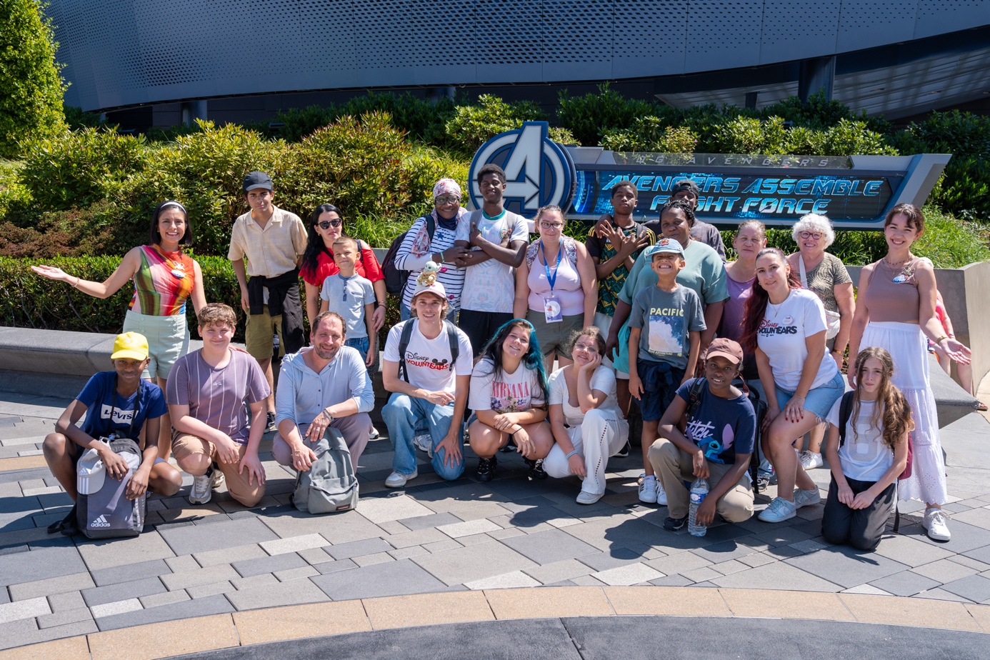Children and Disney VoluntEARS pose at Avengers Campus at Disneyland Paris