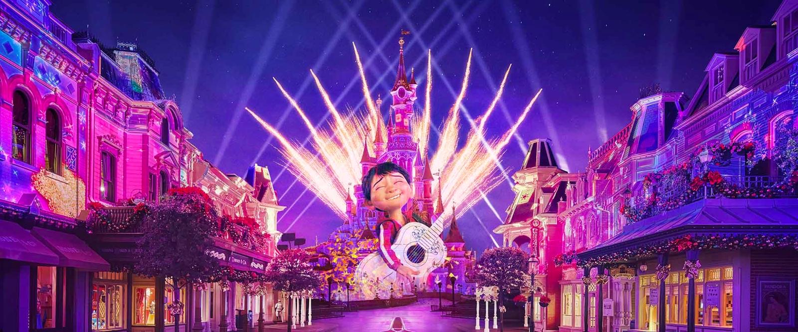 Disney Tales of Magic key art with Miguel projected on Sleeping Beauty Castle and Main Street at Disneyland Paris