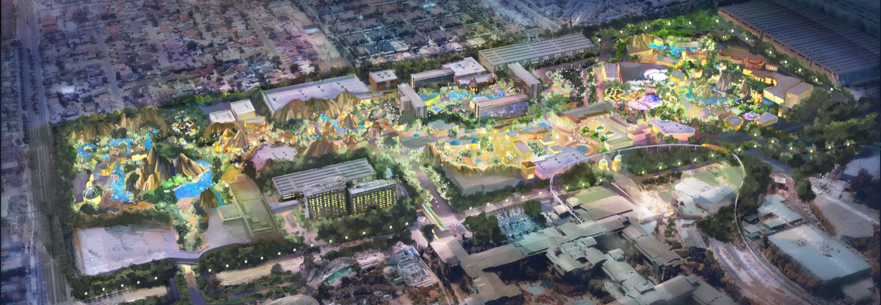 DisneylandForward concept art showing the planned eastside arrival area and surrounding Disneyland Resort expansion