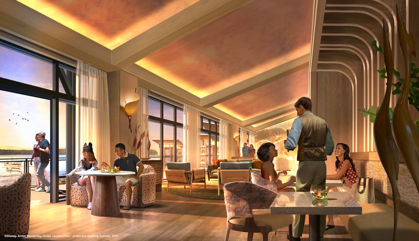 Artist rendering of a Lakeshore Lodge gathering space with lake-facing windows