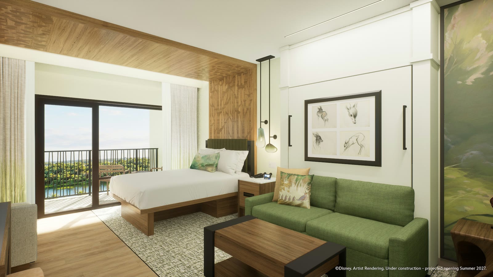 Artist rendering of a nature-inspired guest room at Disney’s Lakeshore Lodge