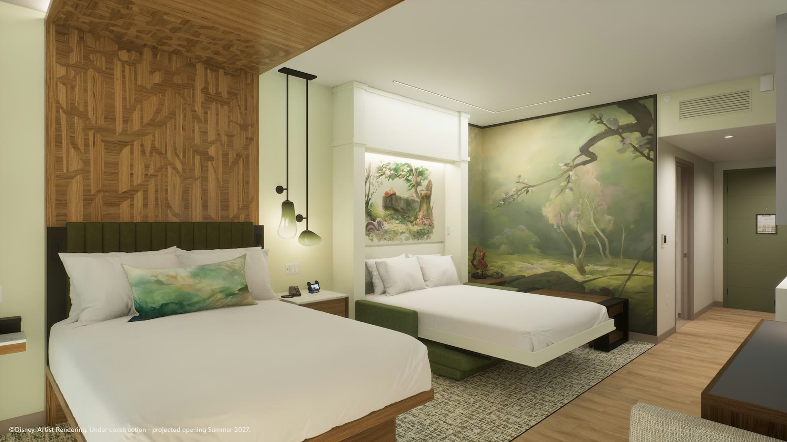 Artist rendering of a two-bed guest room at Disney’s Lakeshore Lodge