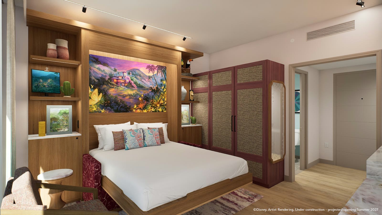 Artist rendering of a Lake House bedroom at Disney’s Lakeshore Lodge