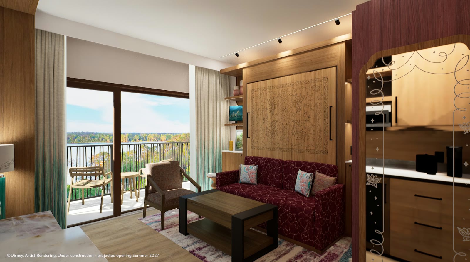 Artist rendering of a Lake House living room at Disney’s Lakeshore Lodge