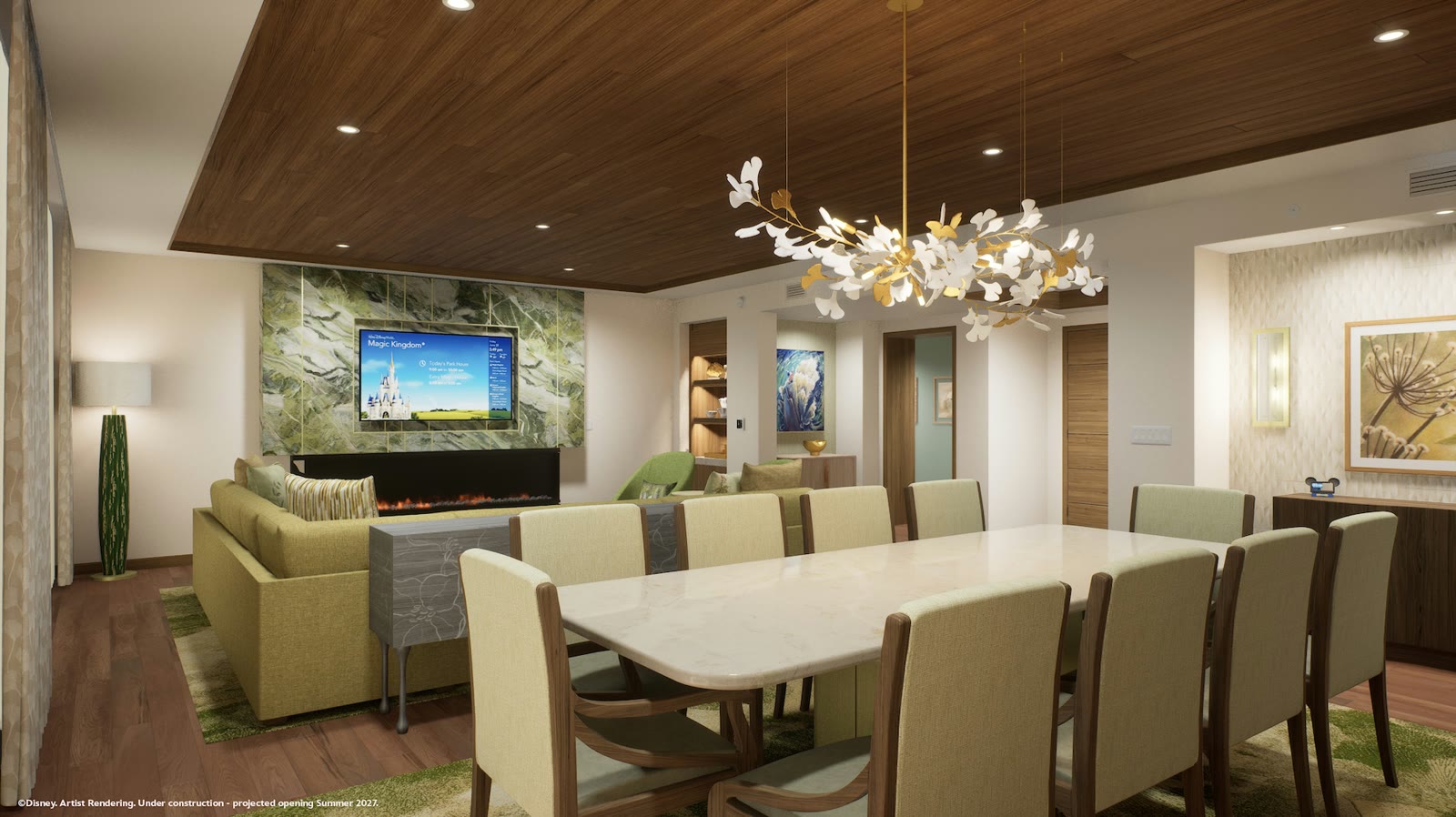 Artist rendering of a Lakeshore Lodge living room and kitchen