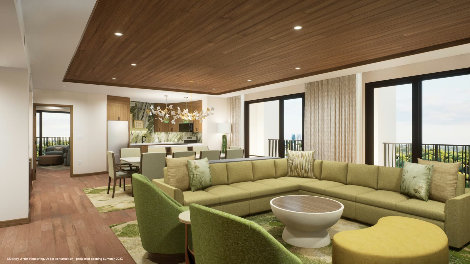 Artist rendering of a Lakeshore Lodge living and dining area
