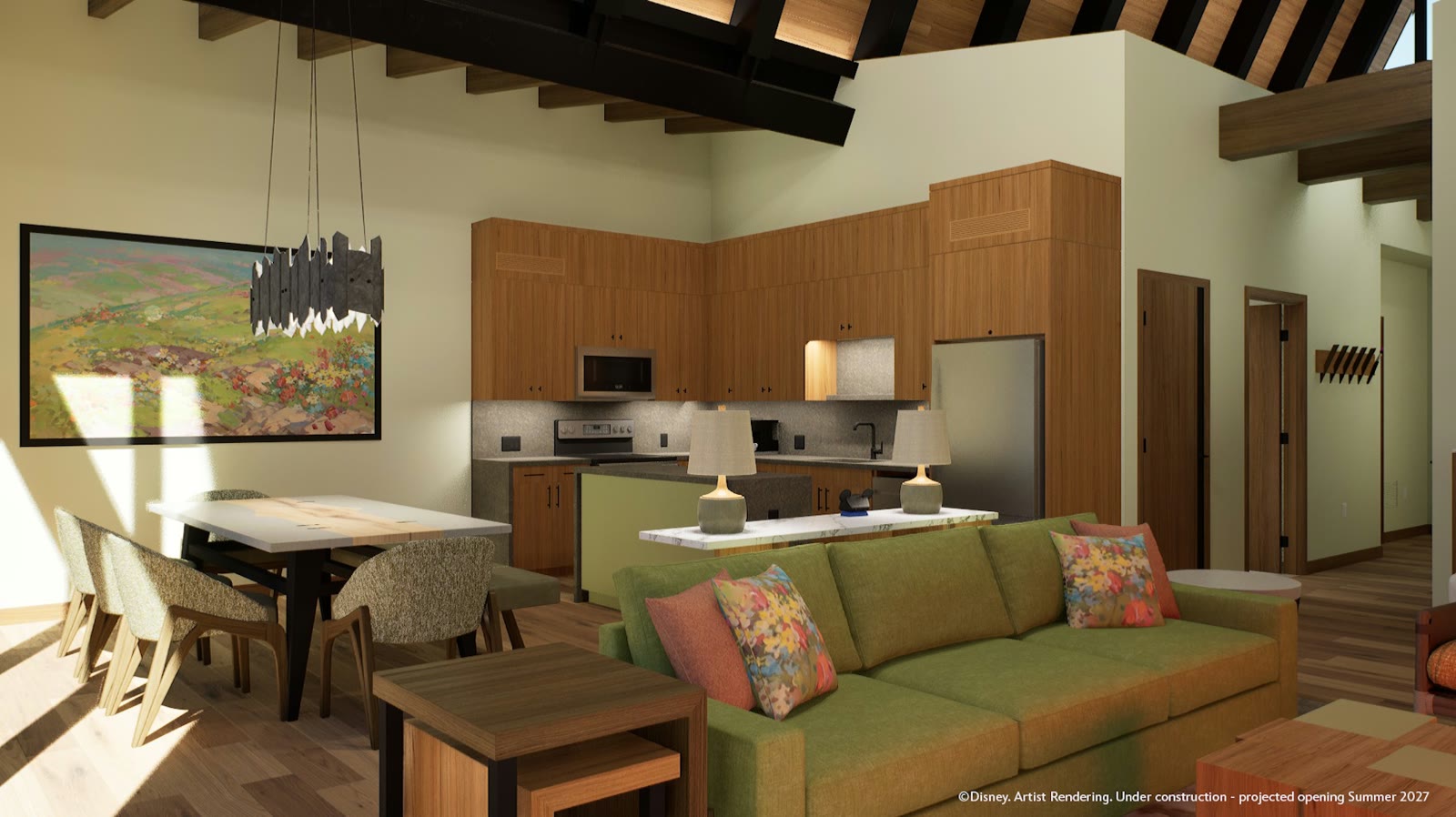Artist rendering of a Lake House kitchen and living area at Disney’s Lakeshore Lodge