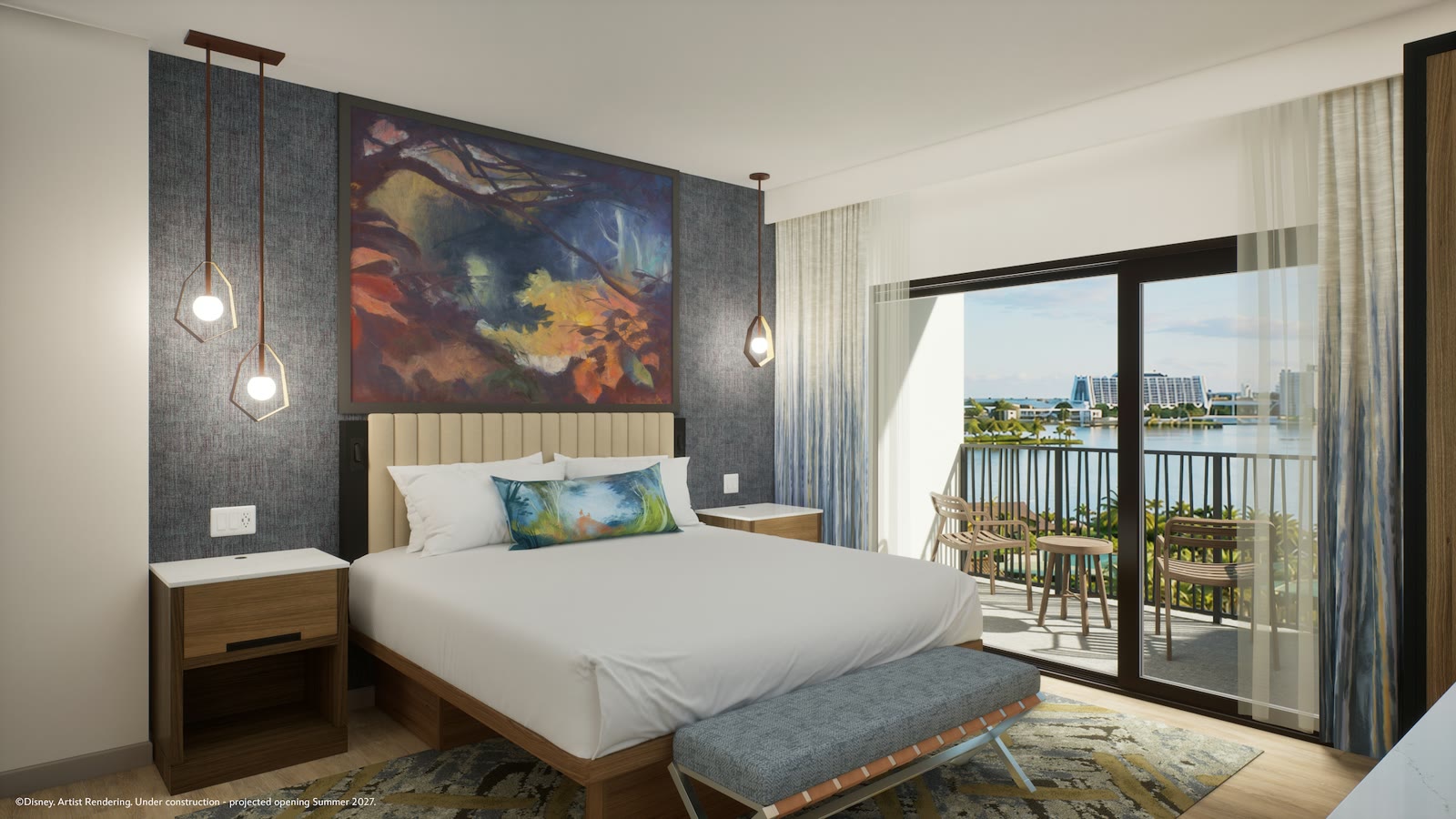Artist rendering of a Lakeshore Lodge guest room with a balcony