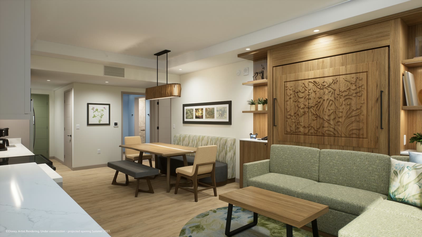 Artist rendering of a Lakeshore Lodge living room and balcony