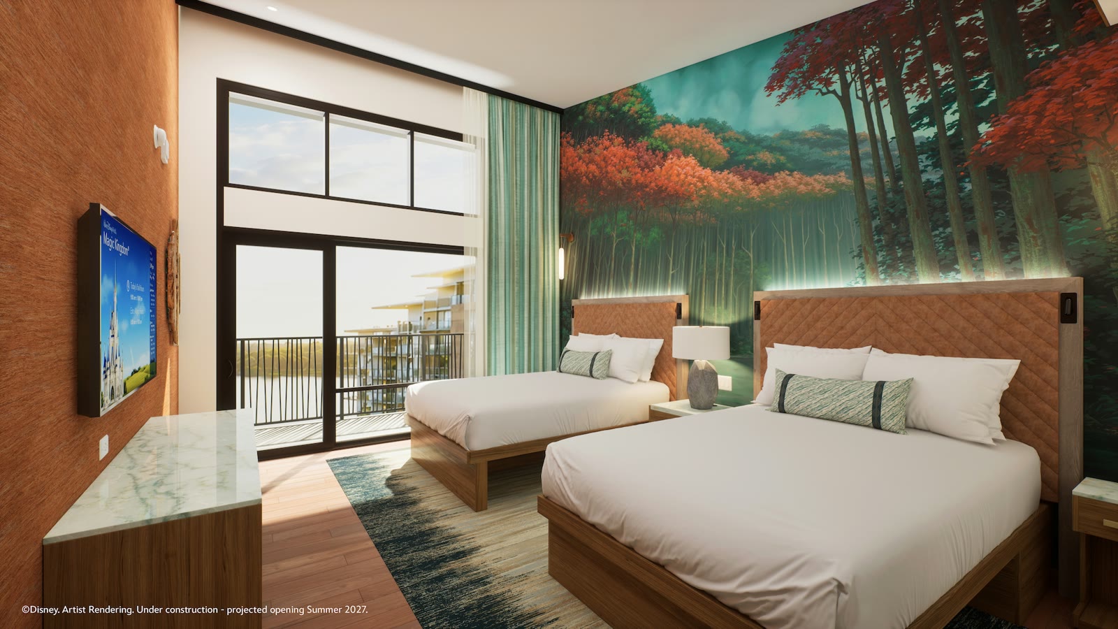 Artist rendering of a Lakeshore Lodge guest room with illuminated landscape artwork