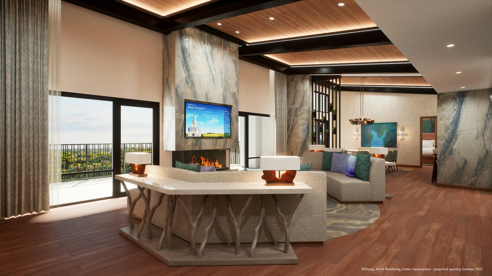 Artist rendering of a Lakeshore Lodge sitting room with a fireplace