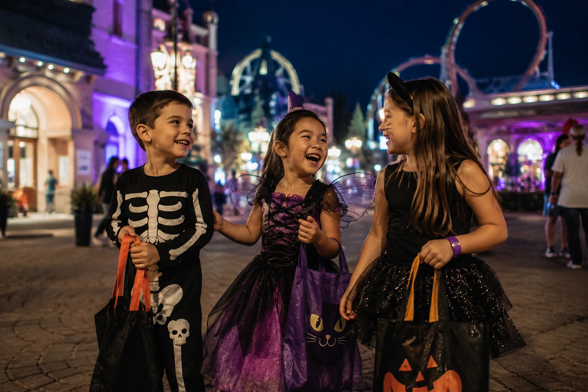 Children carry pumpkin candy bags during Harvey's Boo Bash at Dollywood