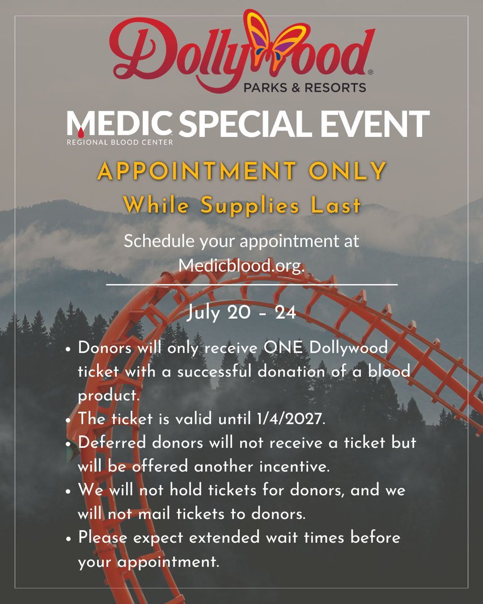 Dollywood and MEDIC Regional Blood Center donor ticket offer for July 20 through 24