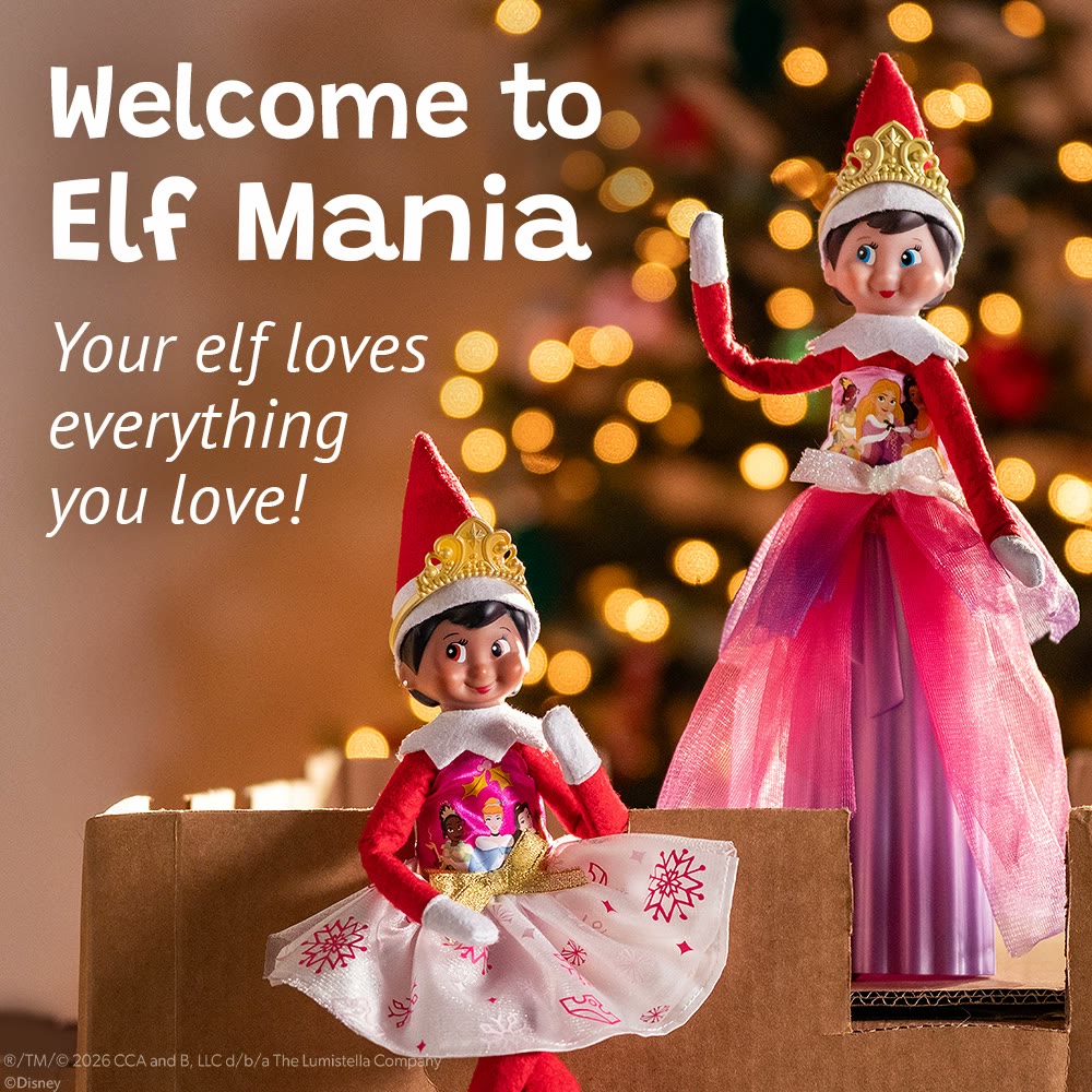 Two Elf on the Shelf dolls wear Disney Princess outfits in a holiday scene