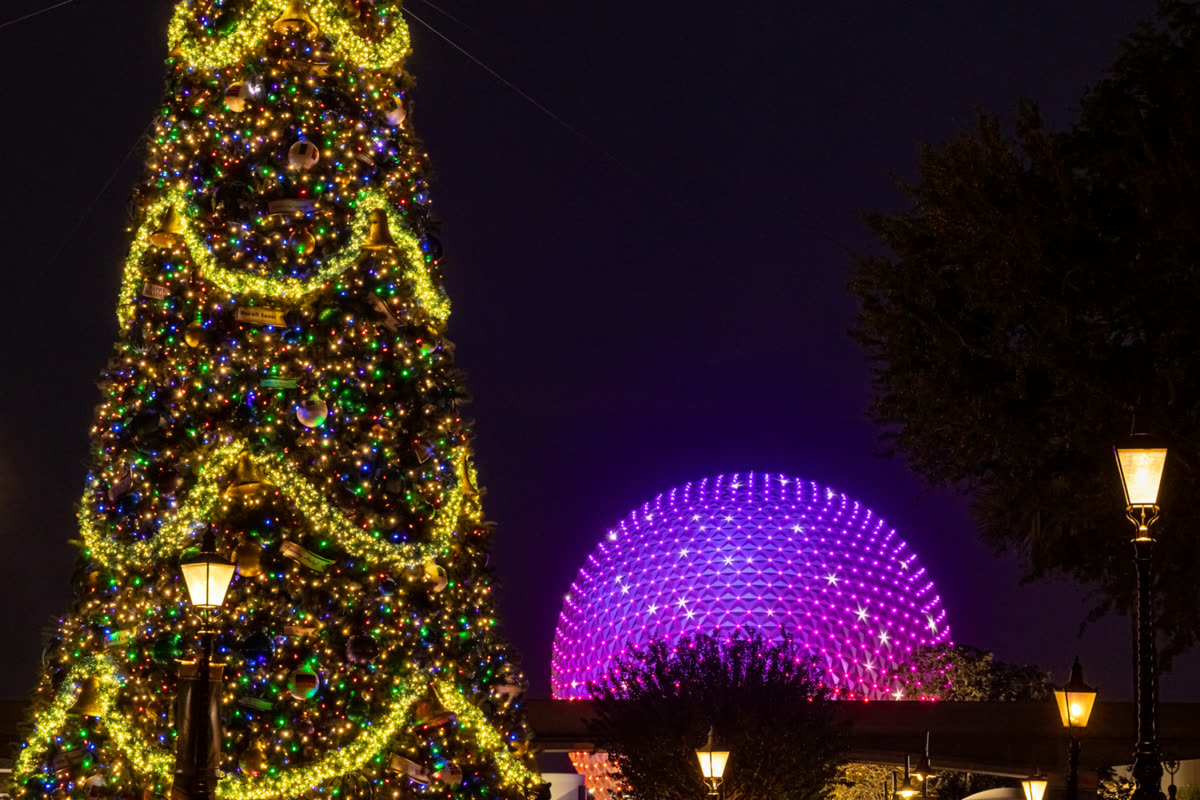 Spaceship Earth and a Christmas tree during EPCOT International Festival of the Holidays