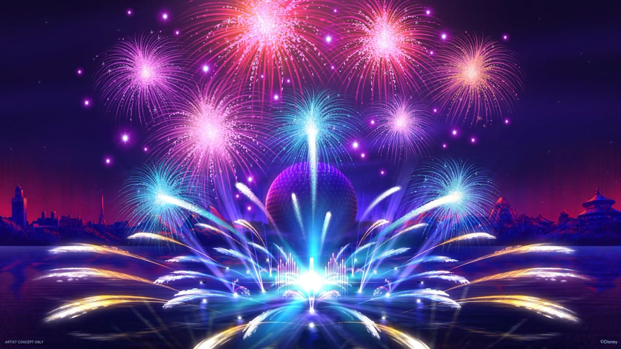 Luminous fireworks fill the sky above Spaceship Earth at EPCOT