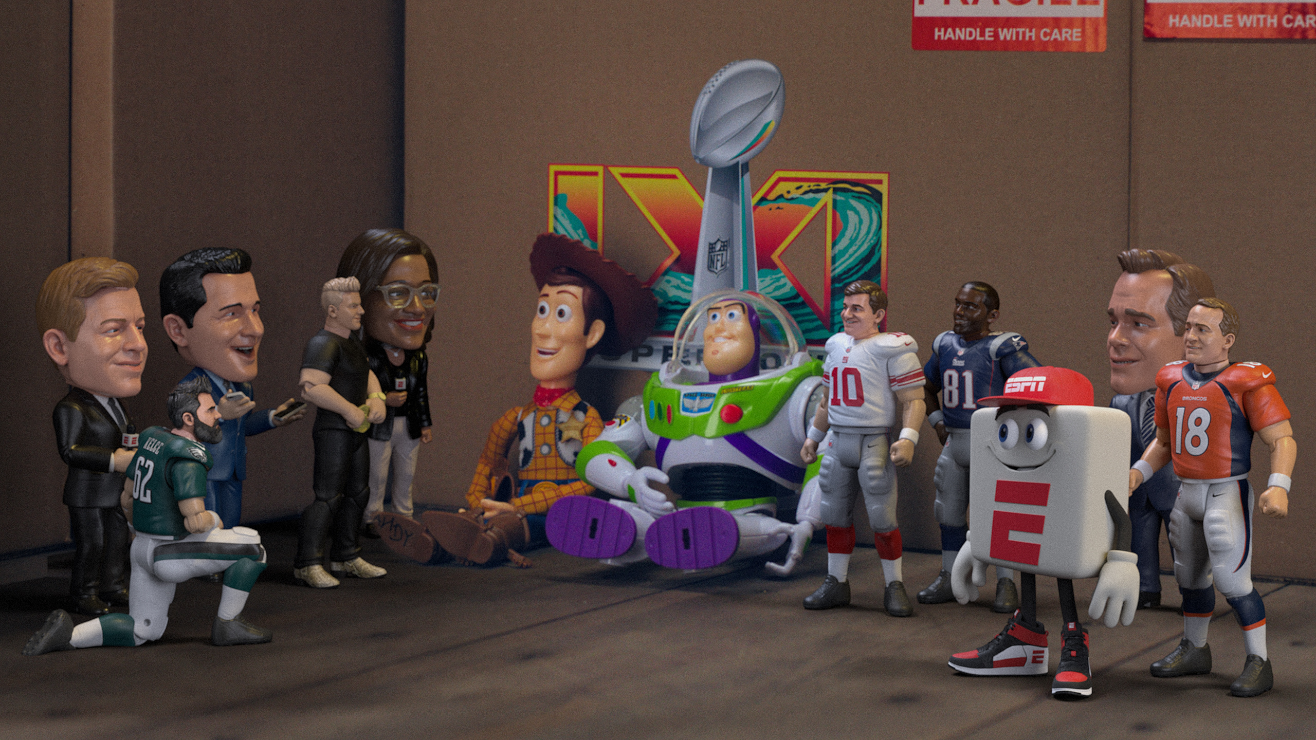 ESPN Super Bowl Toy Story 5.5 artwork with Woody, Buzz Lightyear, Jessie, and ESPN personalities