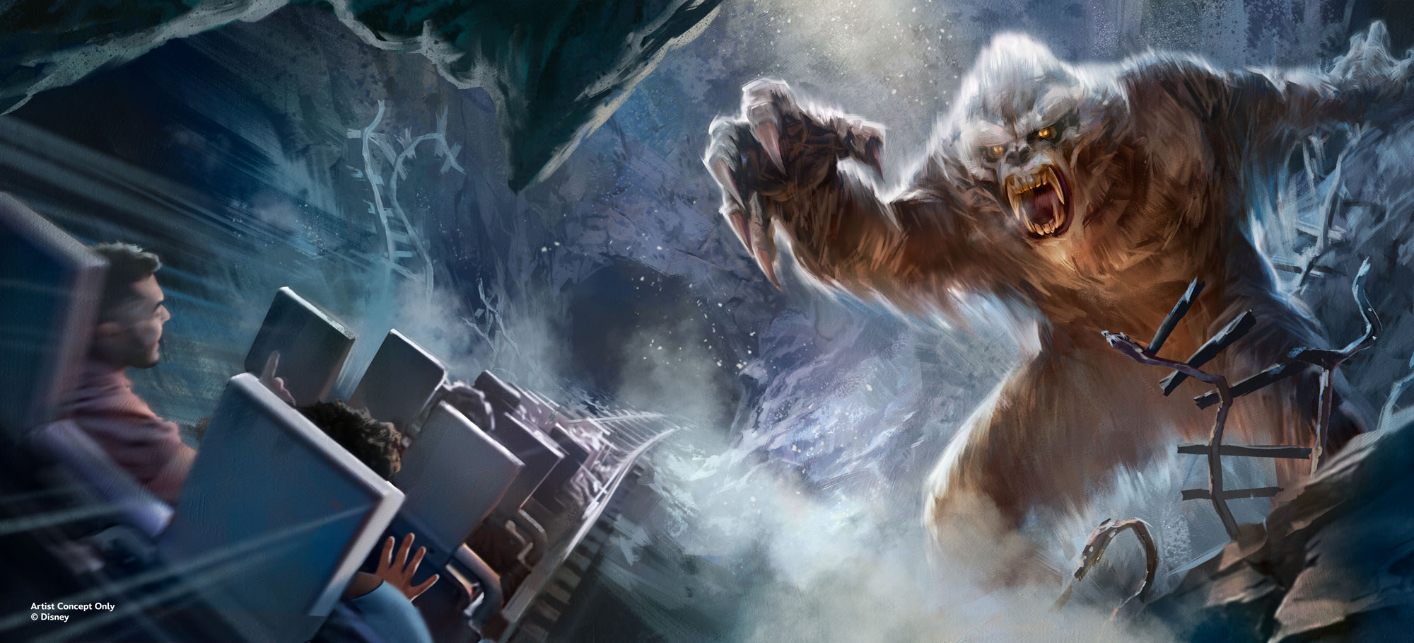 Expedition Everest's Yeti reaches toward a passing train