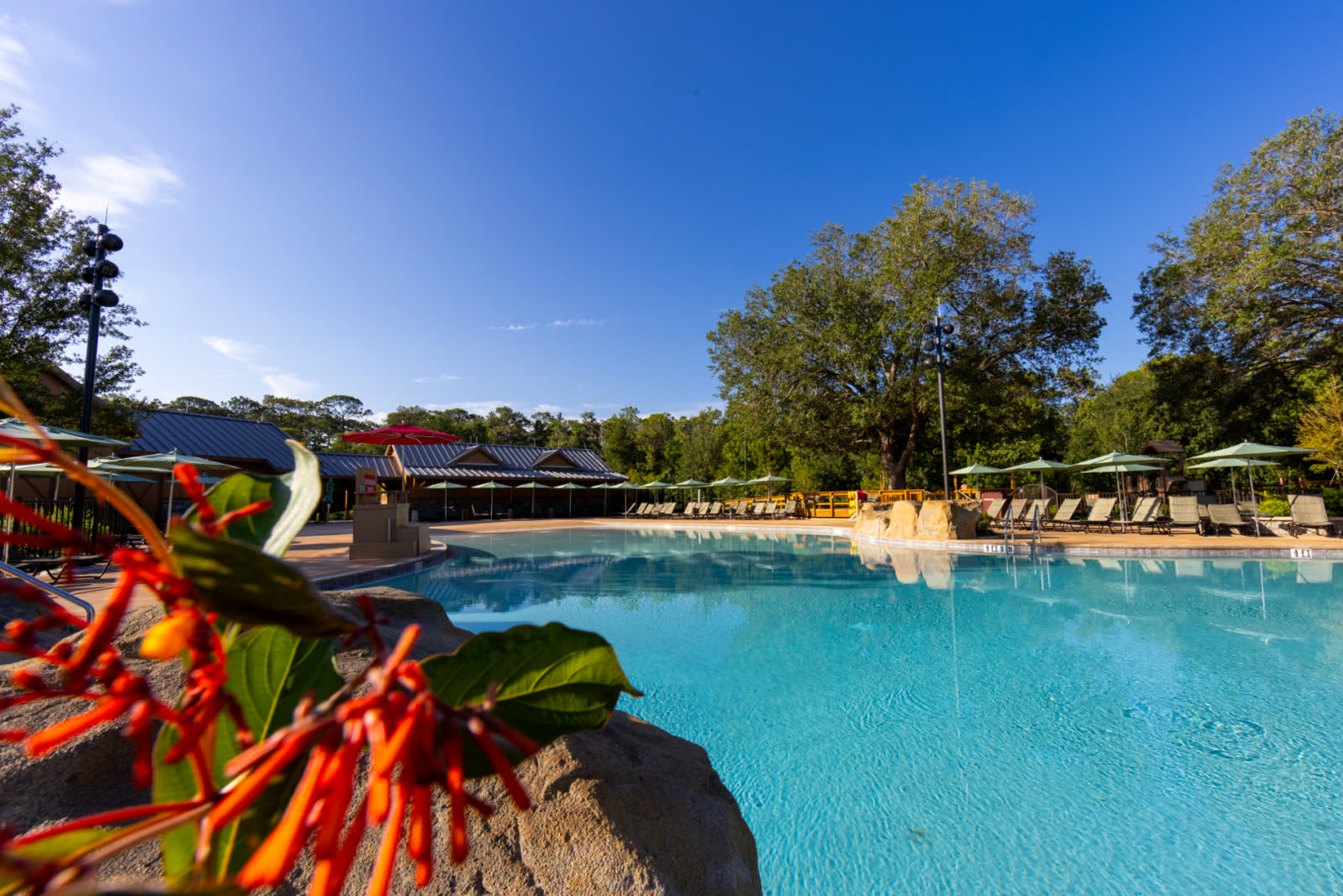Expanded Fort Wilderness pool area with chairs, umbrellas, and the waterslide