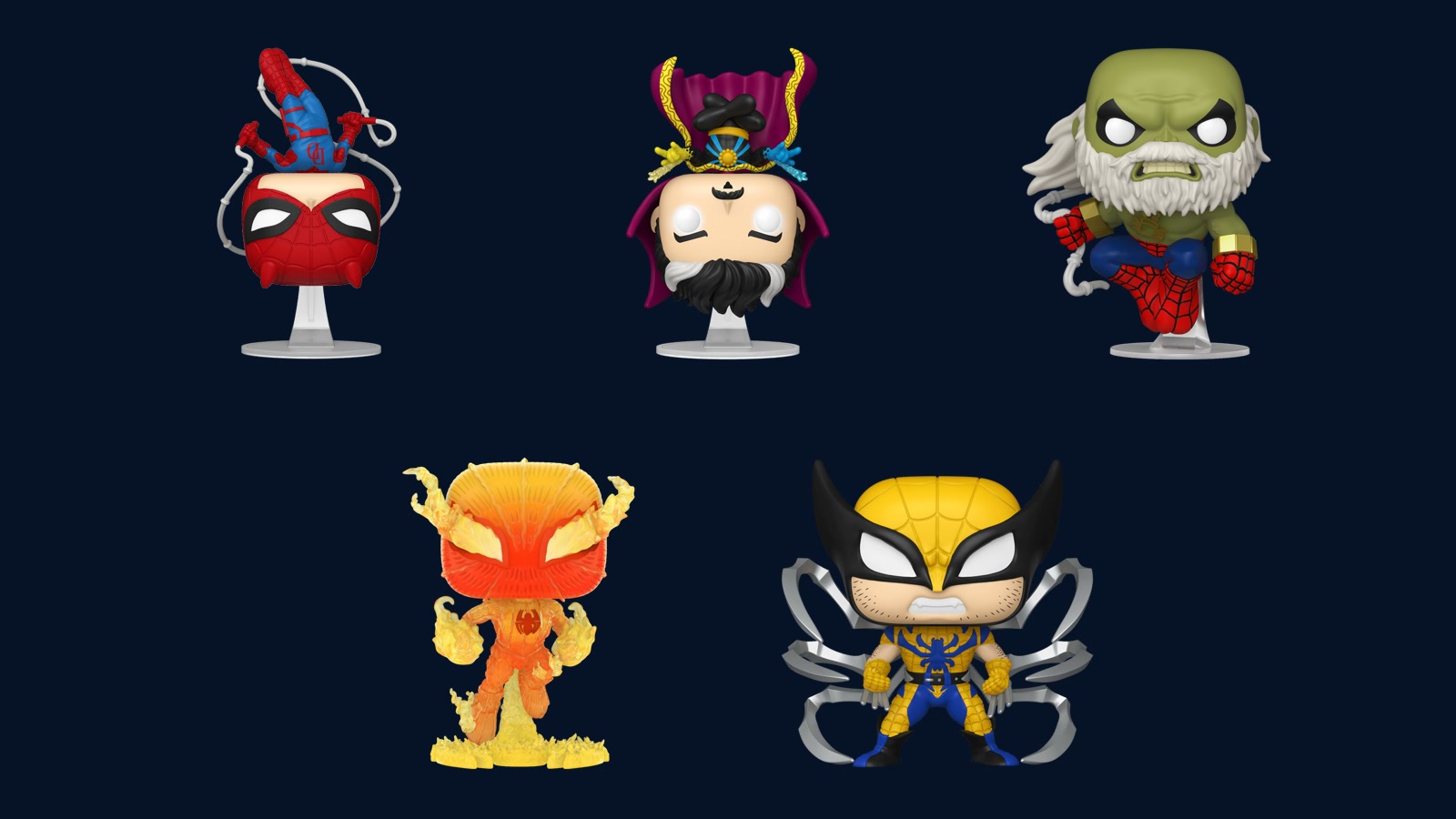 Five Marvel Spider-Man Mash-Up Funko Pop figures