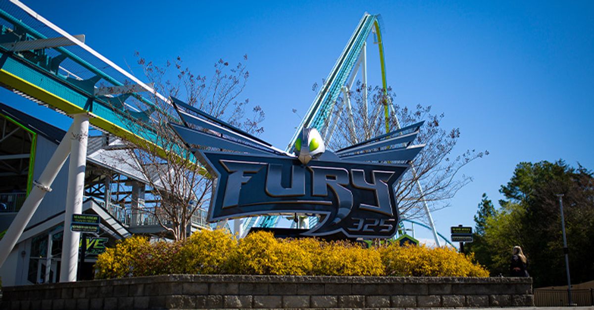Fury 325 entrance sign and lift hill at Carowinds