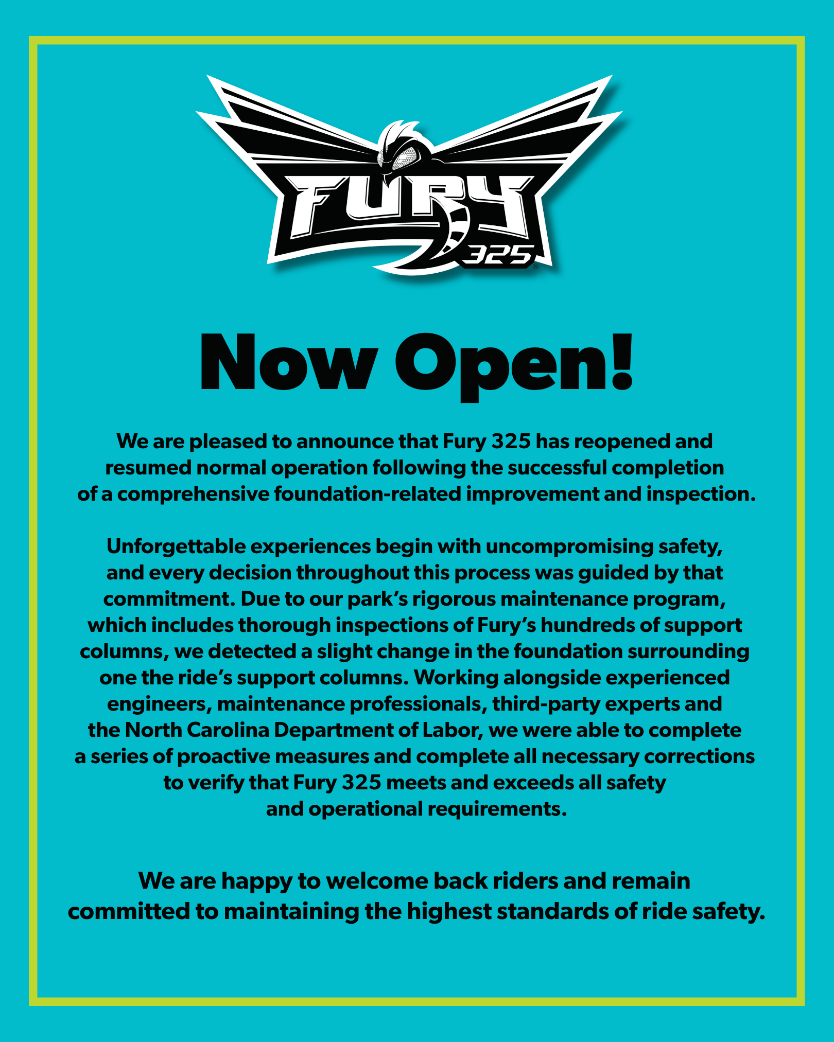 Carowinds statement announcing that Fury 325 is now open after foundation work and inspection