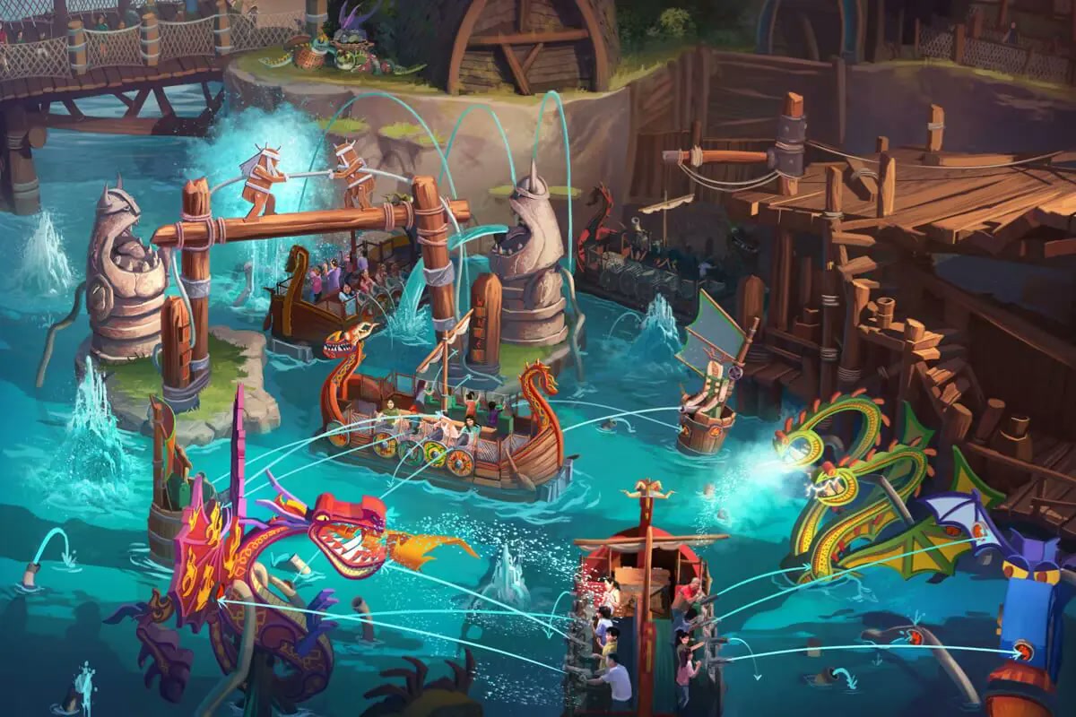 Fyre Drill interactive boats and water cannons at Epic Universe