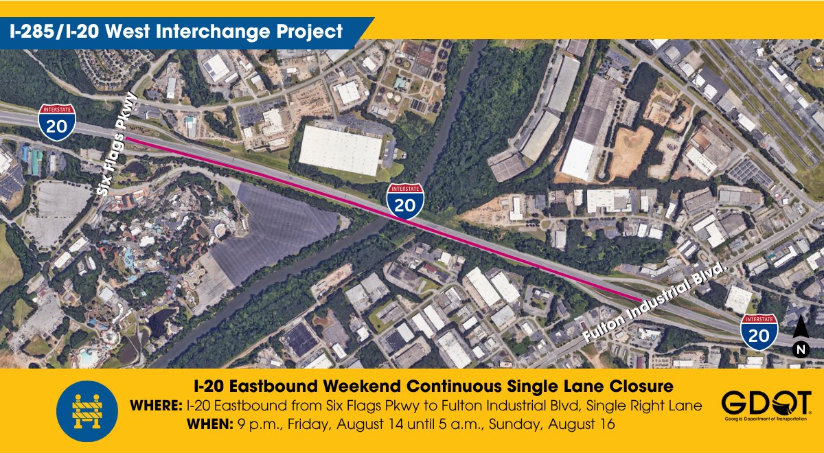 Georgia DOT map of the I-20 eastbound lane closure beside Six Flags Over Georgia