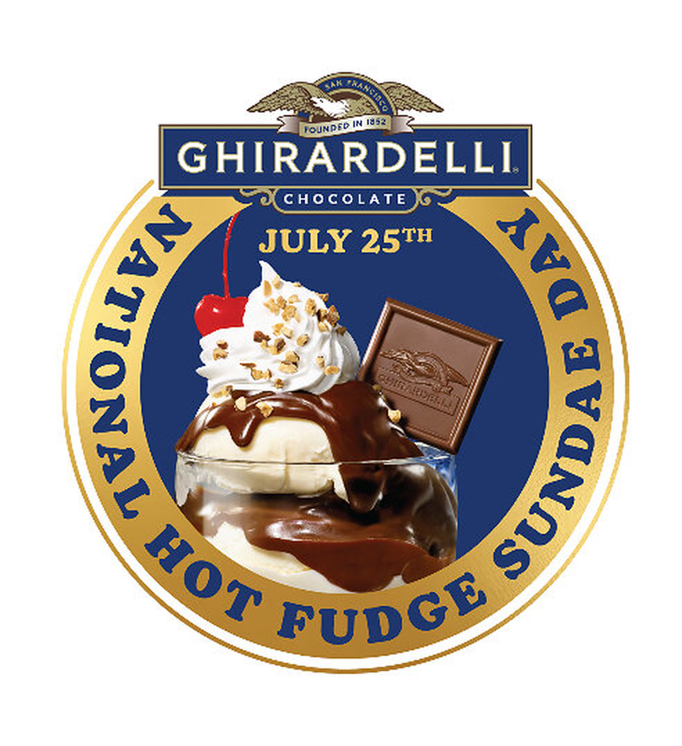 Ghirardelli National Hot Fudge Sundae Day art with a hot fudge sundae and July 25 date