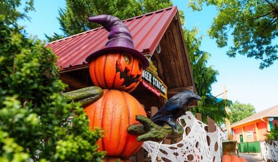 A pumpkin witch decoration at Great Adventure.