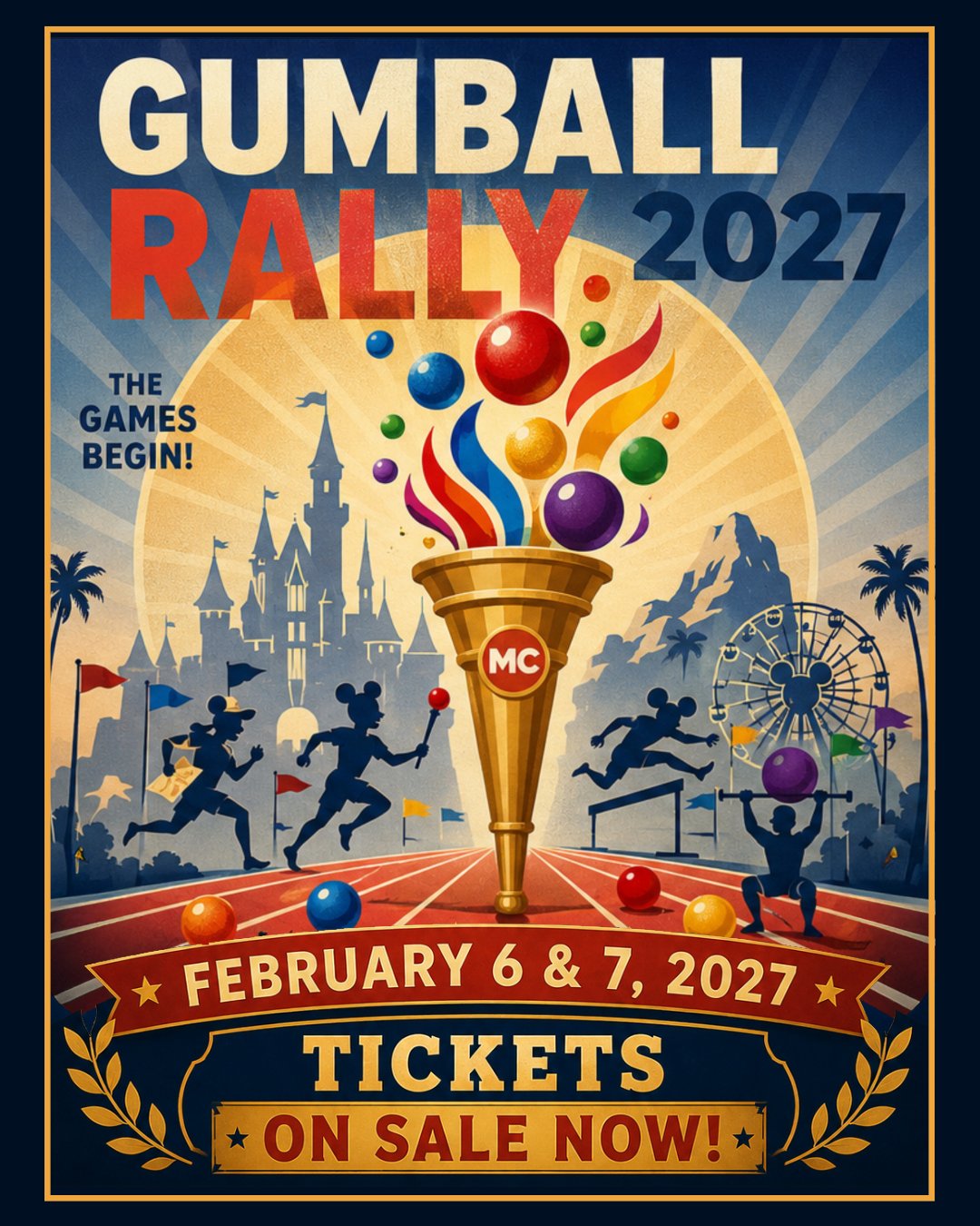 Gumball Rally 2027 poster with February 6 and 7 dates and tickets on sale now