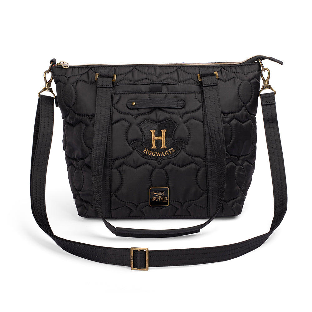Black quilted Hogwarts Catamaran Build-A-Bag with crest and house-color tabs
