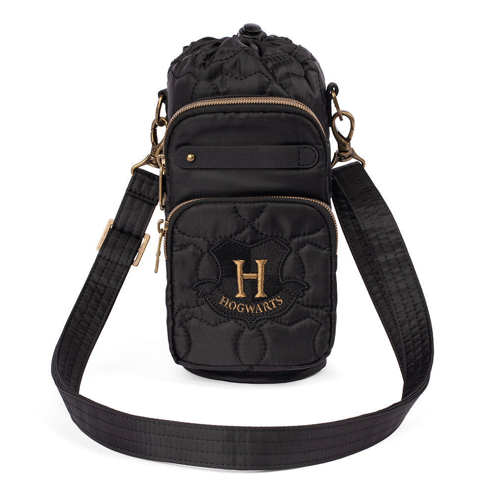 Black quilted Hogwarts Huggie Water Bottle Bag with crest and house-color tabs