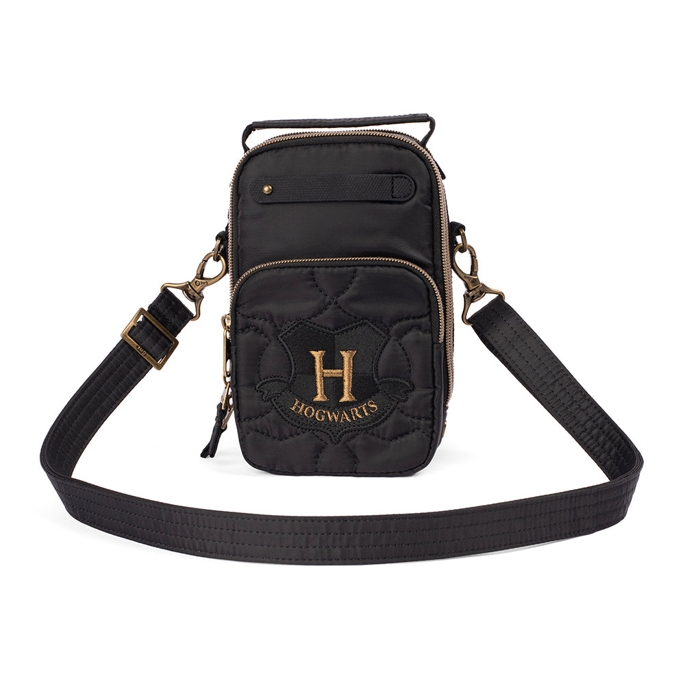 Black quilted Hogwarts Skeeter Bag with crest and house-color tabs