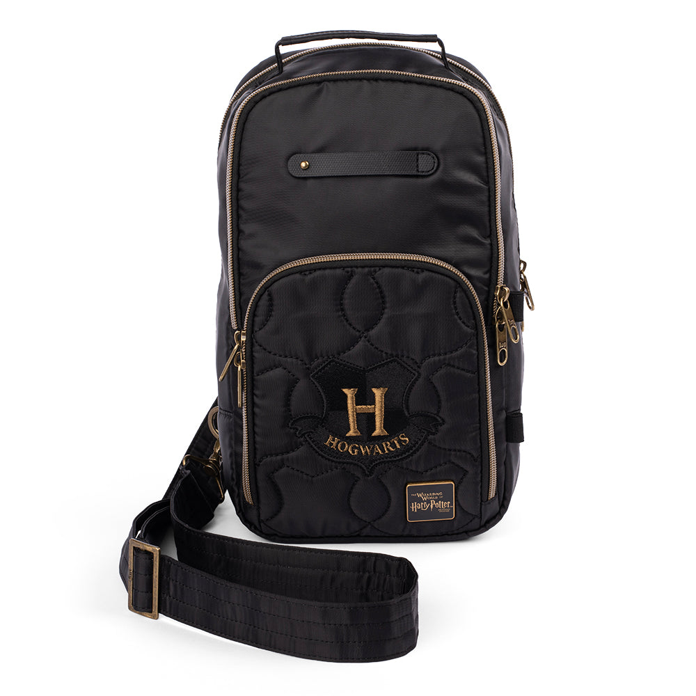Black quilted Hogwarts Starboard Bag with crest and house-color tabs