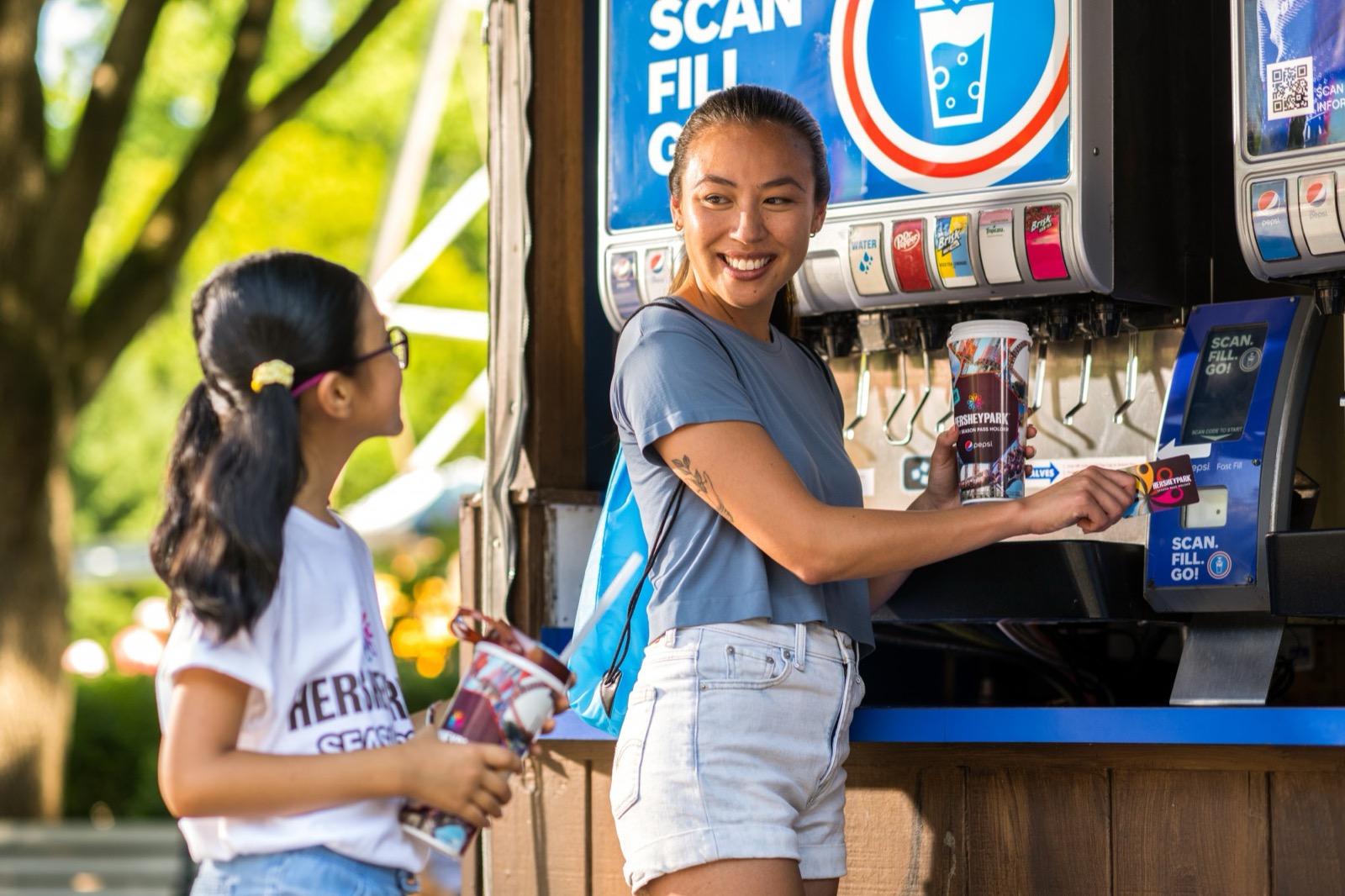 Guests at a drink refill station.