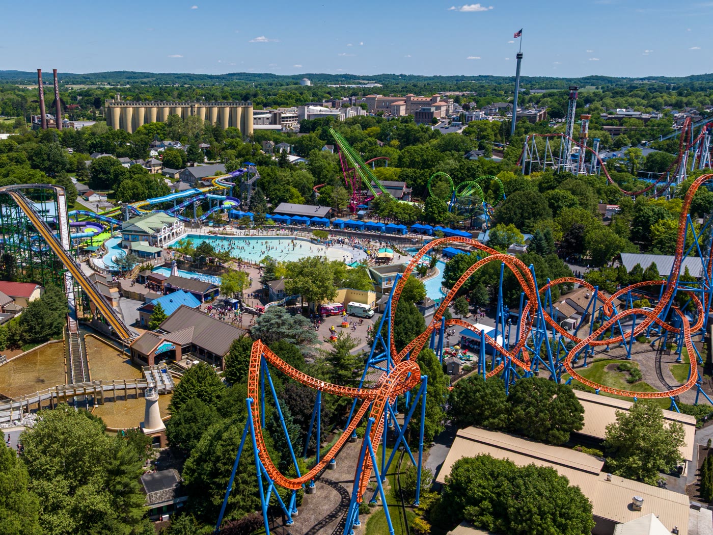 Aerial view of Hersheypark roller coasters and The Boardwalk water park