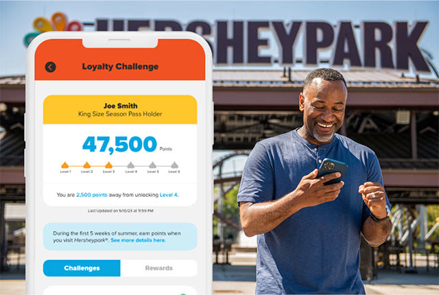Hersheypark Loyalty Challenge points screen beside a passholder using his phone